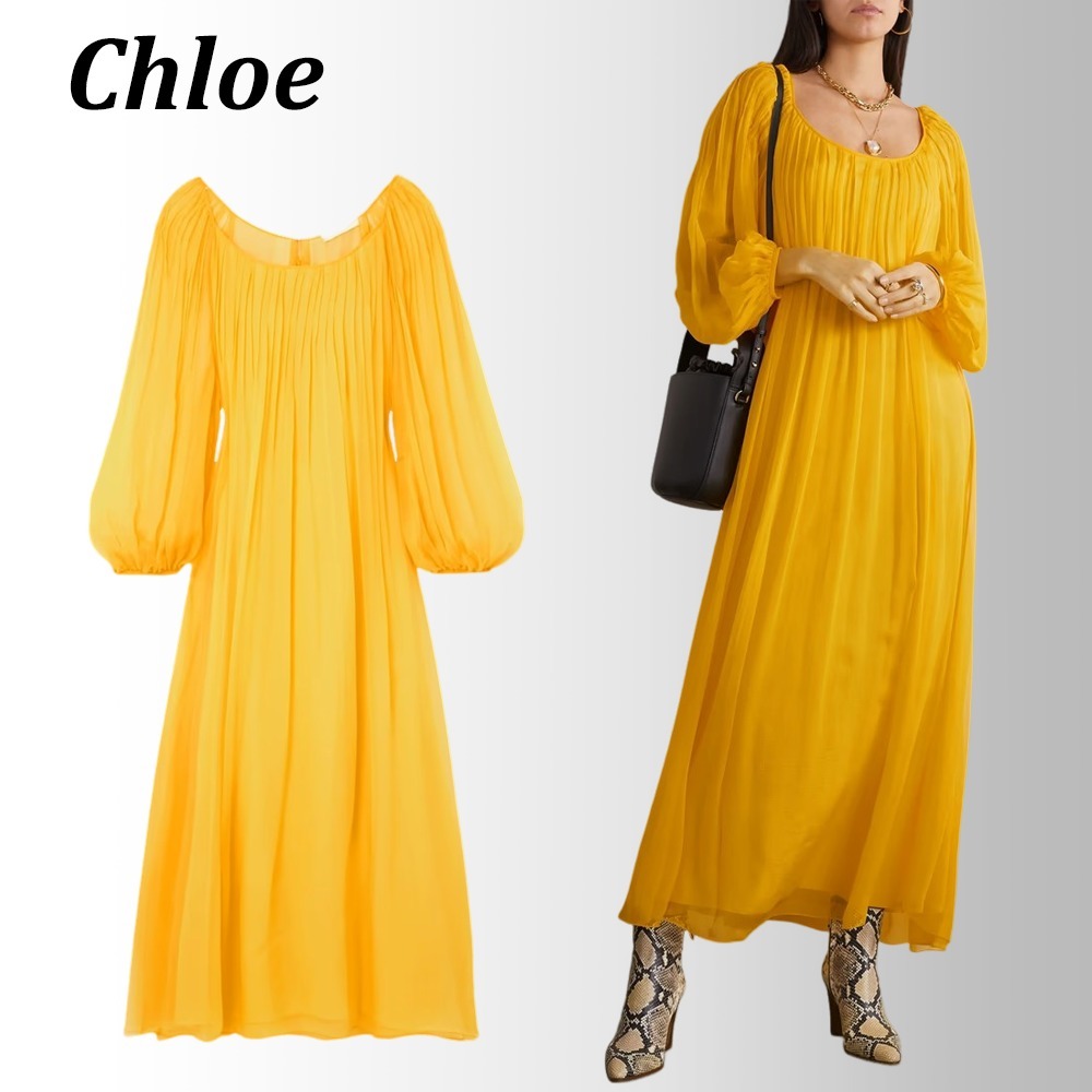 CHLOE シルクシフォン マキシワンピース プリーツ入り