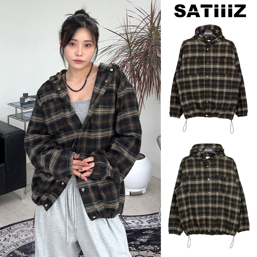 【SATIIIZ】Dehes Hooded String Checkered Shirt