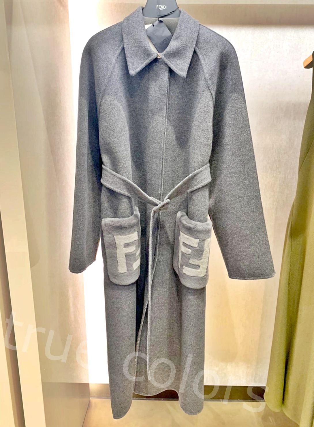 FENDI フェンディ FFロゴ ミンクポケット グレーウール コート