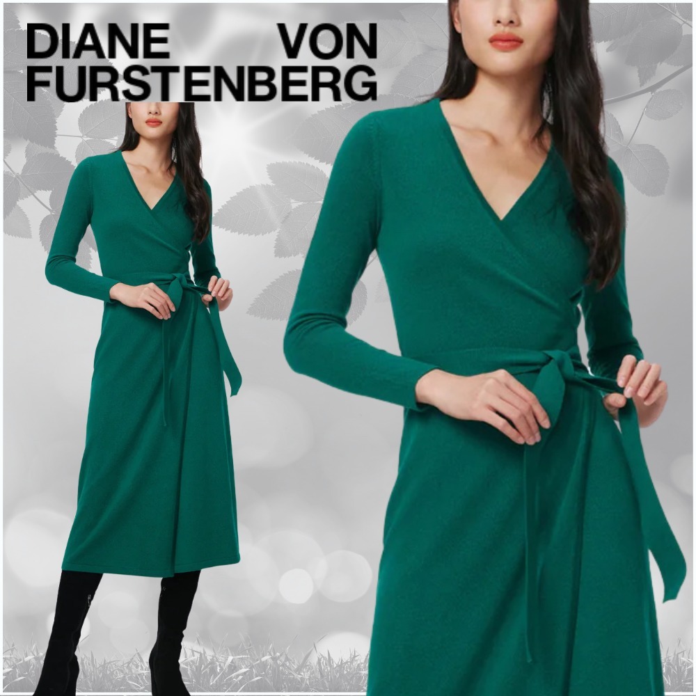 【DVF】1着あればキマる♪上品 ウール カシミア ラップドレス 緑