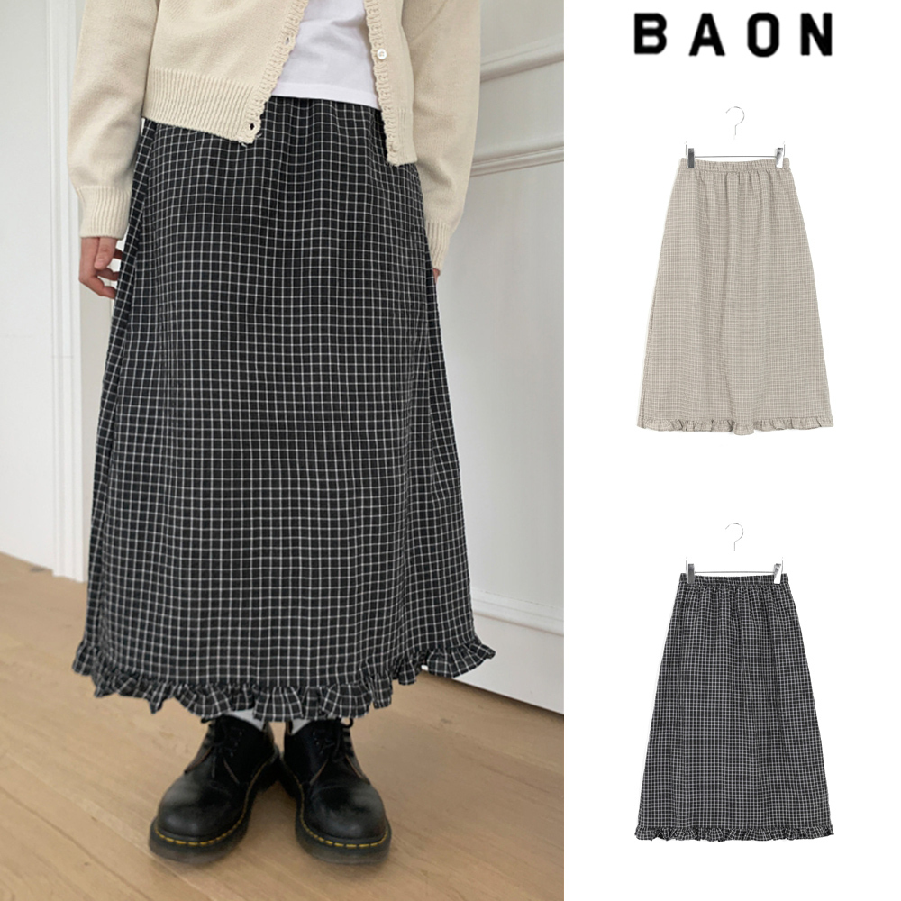 【BAON】Roet Frill Check Banding Long Skirt