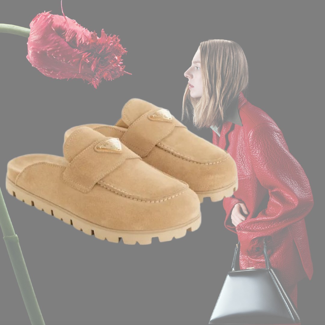 【希少】PRADA ロゴ スエードレザー ミュール ラウンド ベージュ