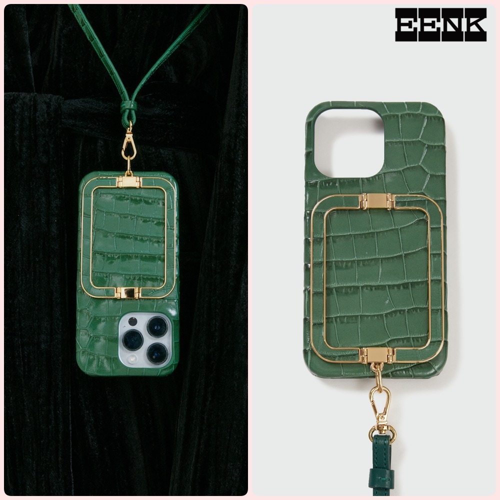 【EENK】Phone Case with Leather Strap - Croco Green