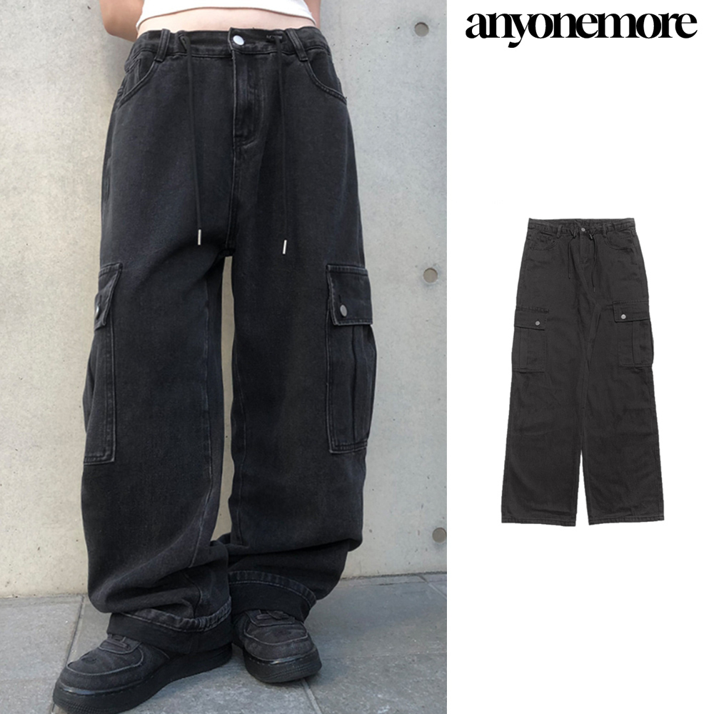 【Anyone more】Tins Black Blue Cargo Wide Pants