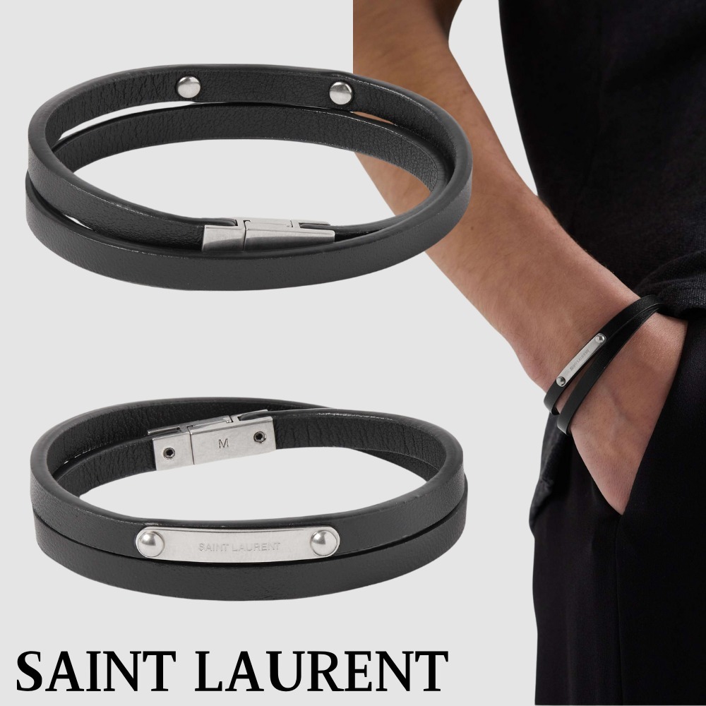 【SAINT LAURENT】レザー ラップブレスレット シルバートーン