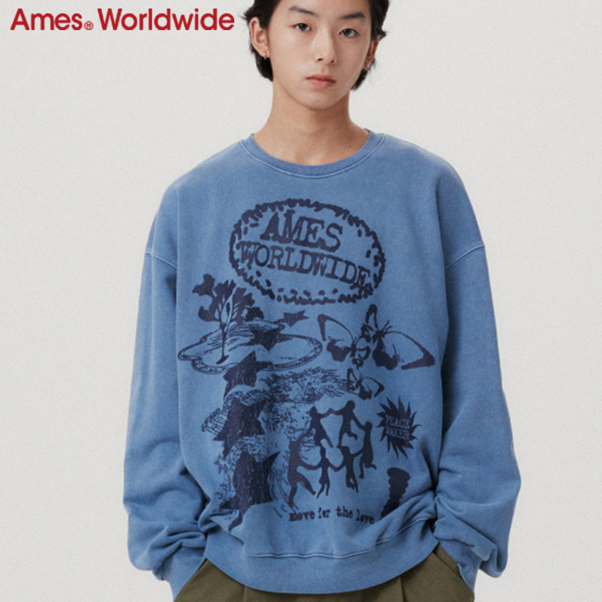 ★AMES-WORLDWIDE★GRAPHIC PIGMENT SWEATSHIRT NAVY★正規品