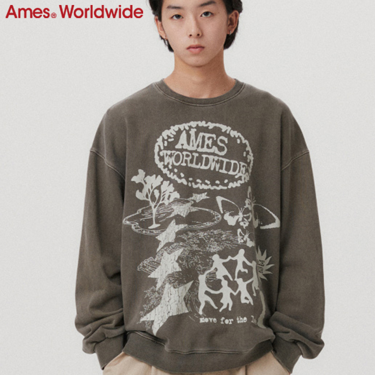 ★AMES-WORLDWIDE★GRAPHIC PIGMENT SWEATSHIRT OLIVE★正規品