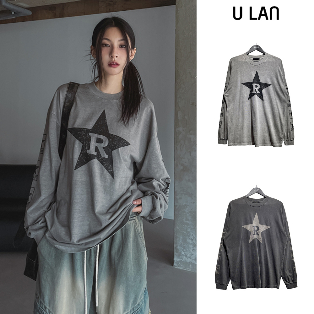 【U LAN】R Star Pigment Loose Fit Long Sleeve