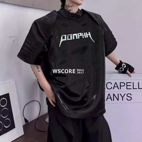 半袖Tシャツ メンズ 肩パッドデザイン 英字プリント 2色