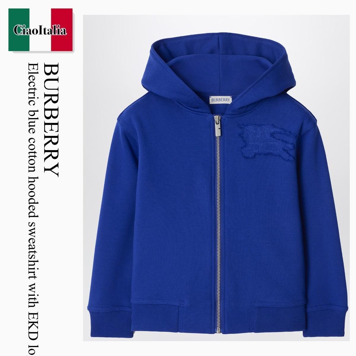 キッズ用トップス Burberry Electric Blue Cotton Hooded Sweatshirt With Ekd Log