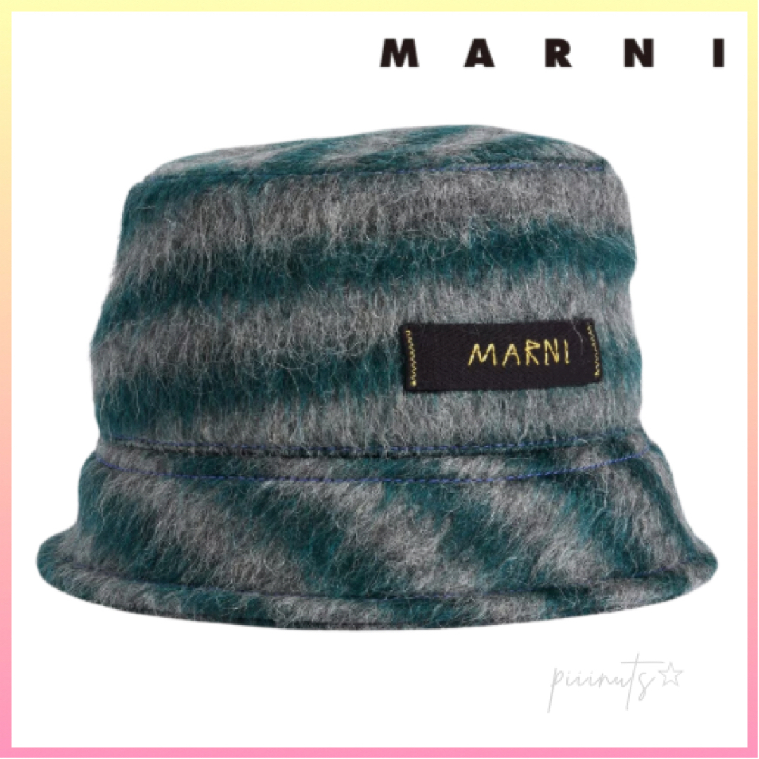 関送込【MARNI】ストライプ ニット ロゴ バケットハット