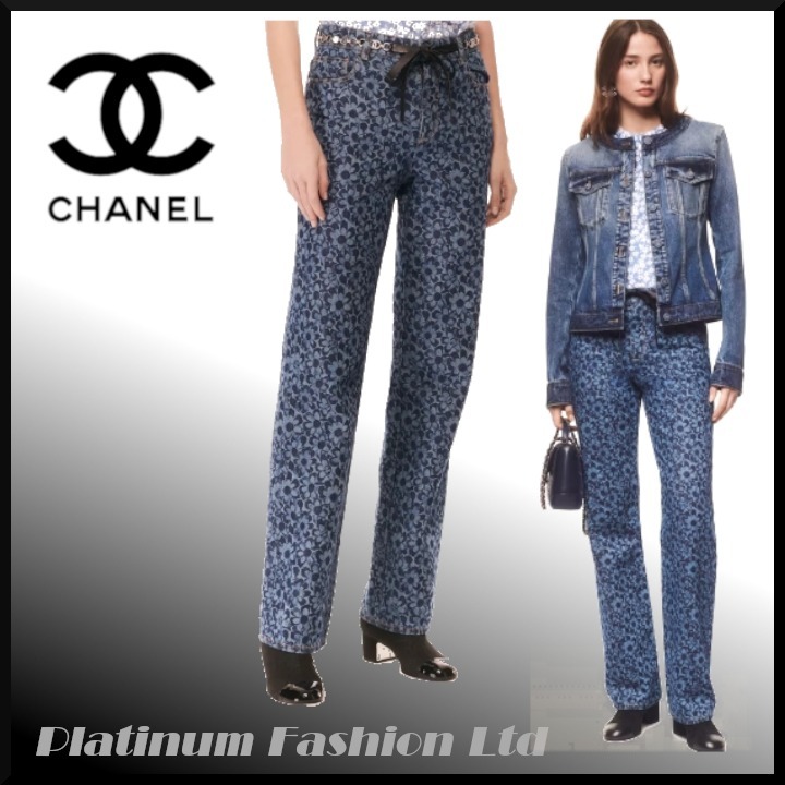 24B◆送料込♪【CHANEL】ダークブルー プリント デニム ジーンズ