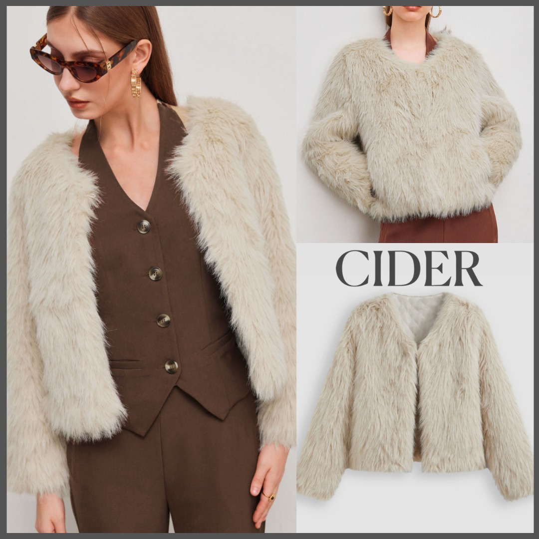 送関込*CIDER* フェイクファー Vネック シャーリング ジャケット