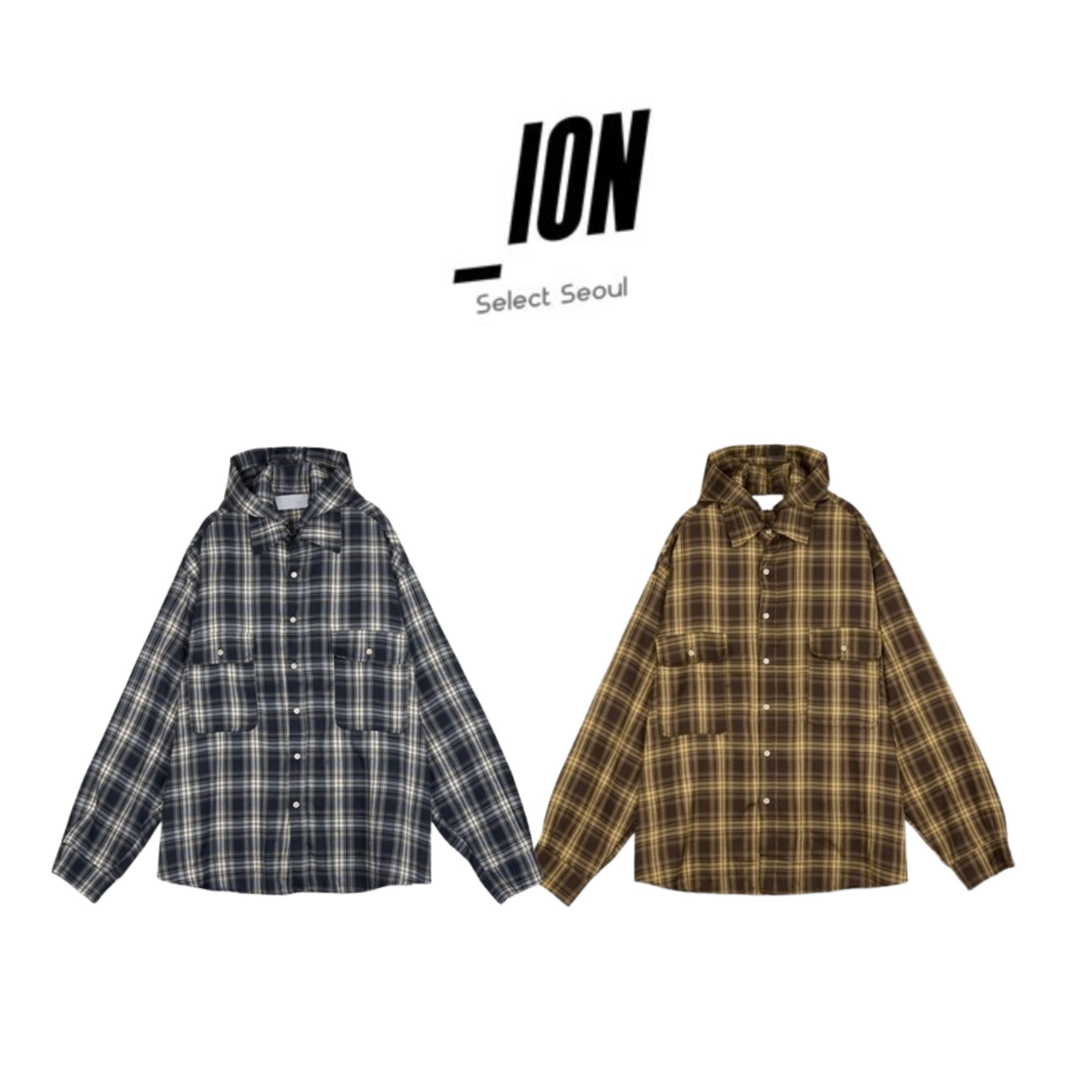 シャツ IONSEOUL Retro Hood Detachable Check Shirt