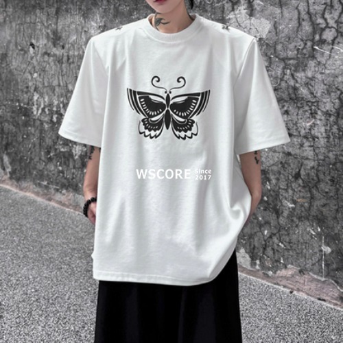 半袖Tシャツ メンズ 蝶プリント リベット ショルダーパッド 2色