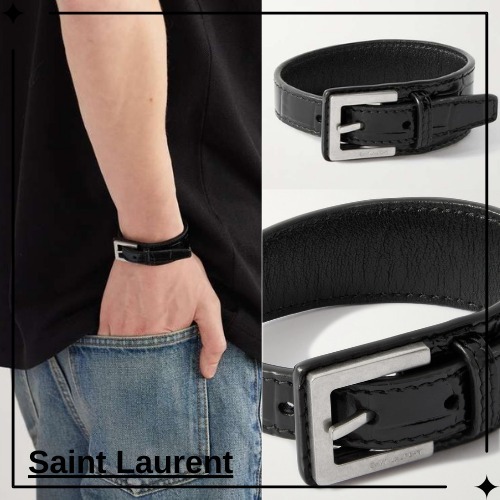 【Saint Laurent】 クロコ風レザー ブレスレット シルバートーン