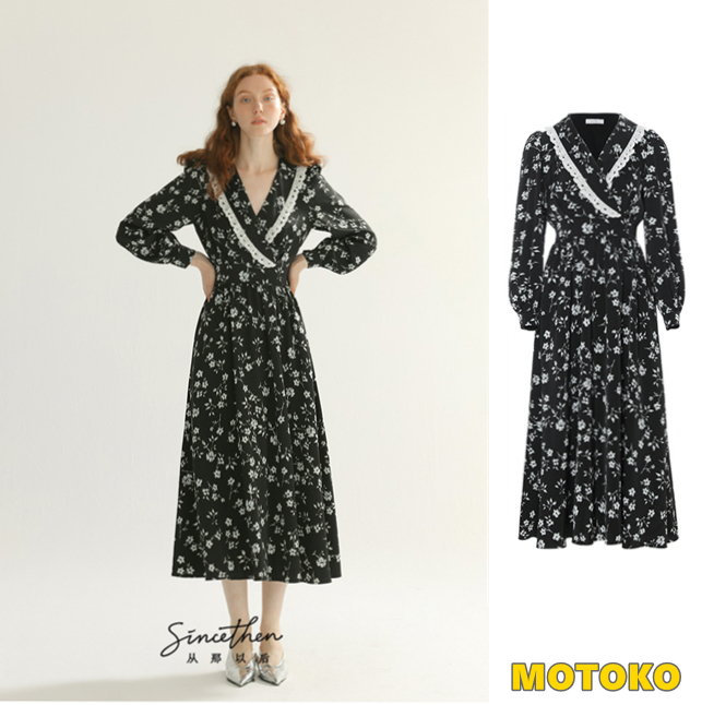 Since Then 長袖 ロングワンピース 花柄 ⅴネック レースアップ