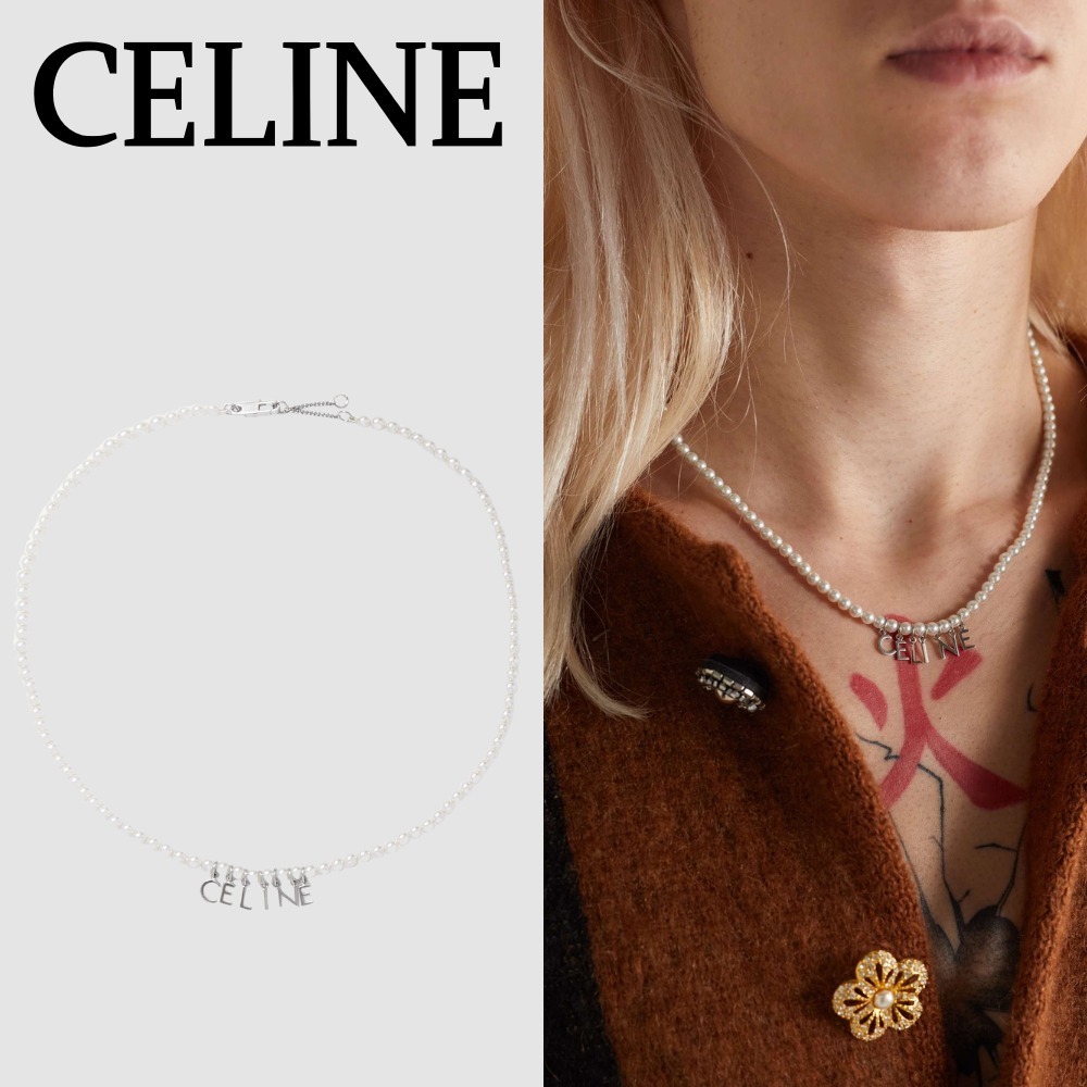 【CELINE HOMME】シルバートーン フェイクパール ネックレス