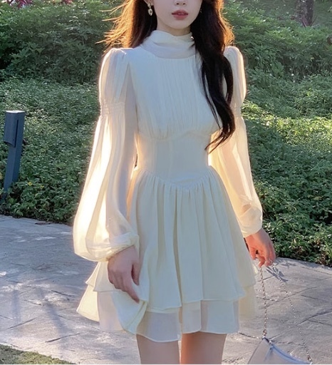 ドレス ショート丈 無地 長袖 シンプル パーティー 結婚式 韓国
