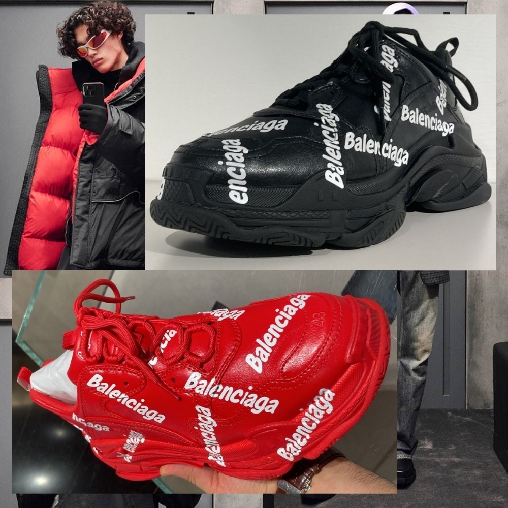品格 バレンシアガ スニーカー TRIPLE S オールオーバロゴ 黒赤