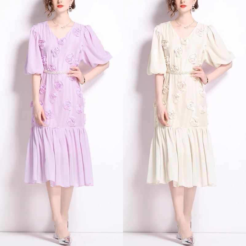 【2色】☆半袖☆コサージュ ミディ丈 ワンピ パーティ ドレス