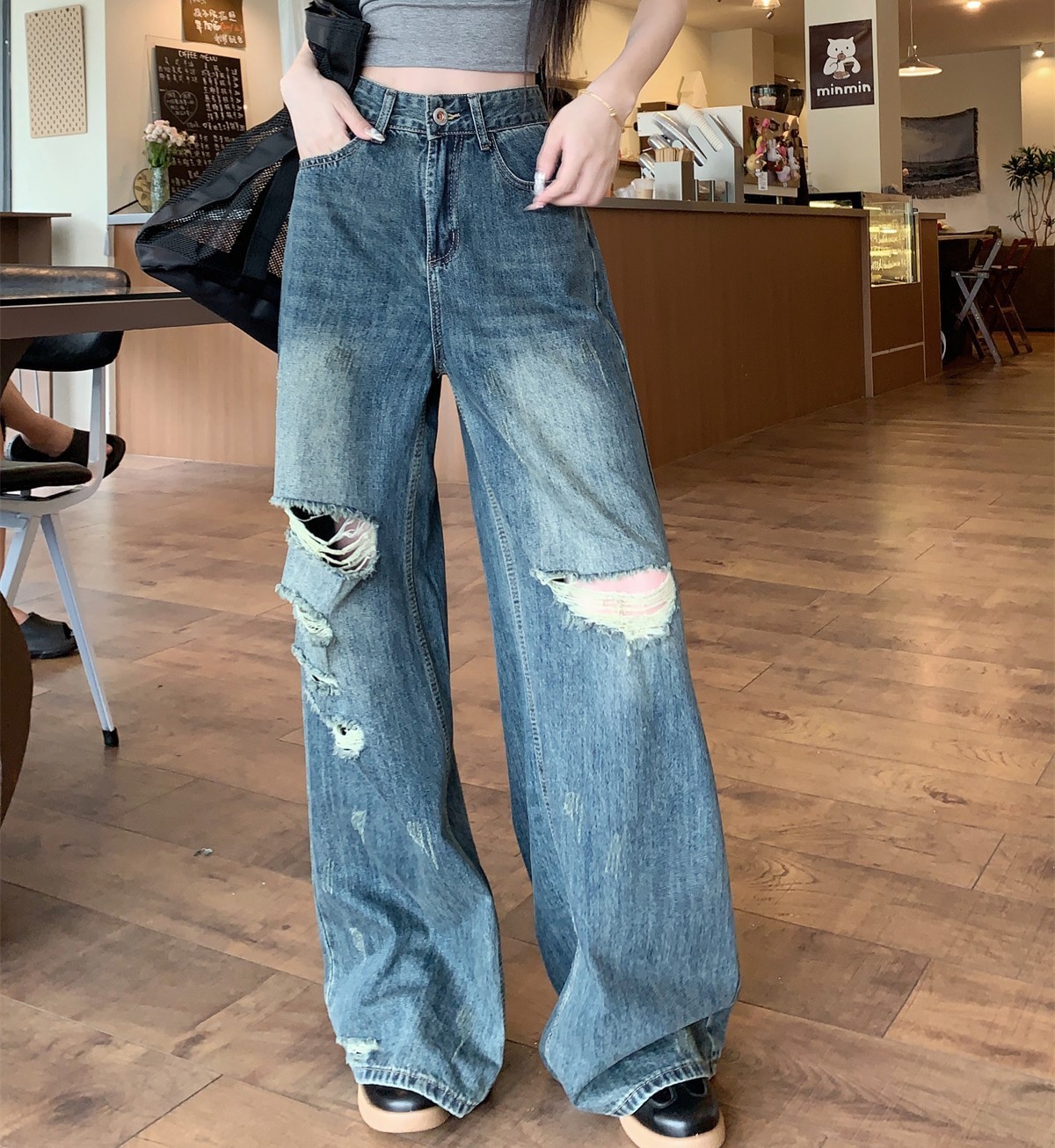 デニム パンツ ダメージ加工 ワイド ウォッシュ ストリート 4