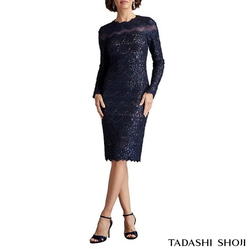 TADASHISHOJI 新作シークイン刺繍長袖カクテルドレス