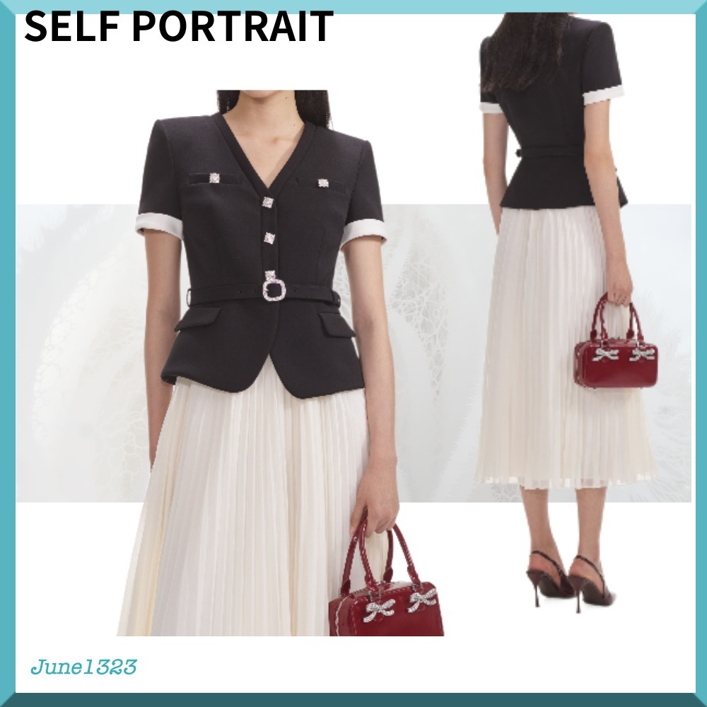 国内配送【SELF PORTRAIT】Crepe Contrast Chiffon Midi Dress