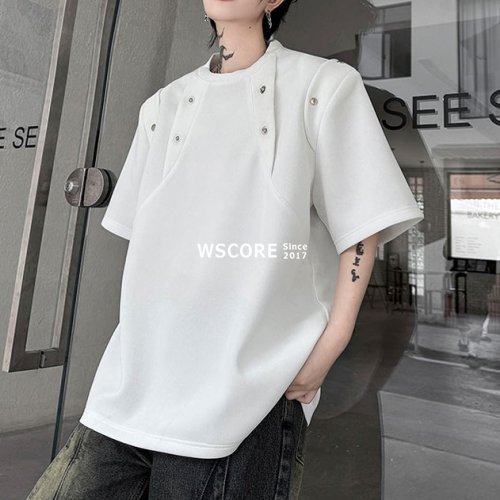 半袖Tシャツ メンズ メタルボタンショルダーパッド 2色