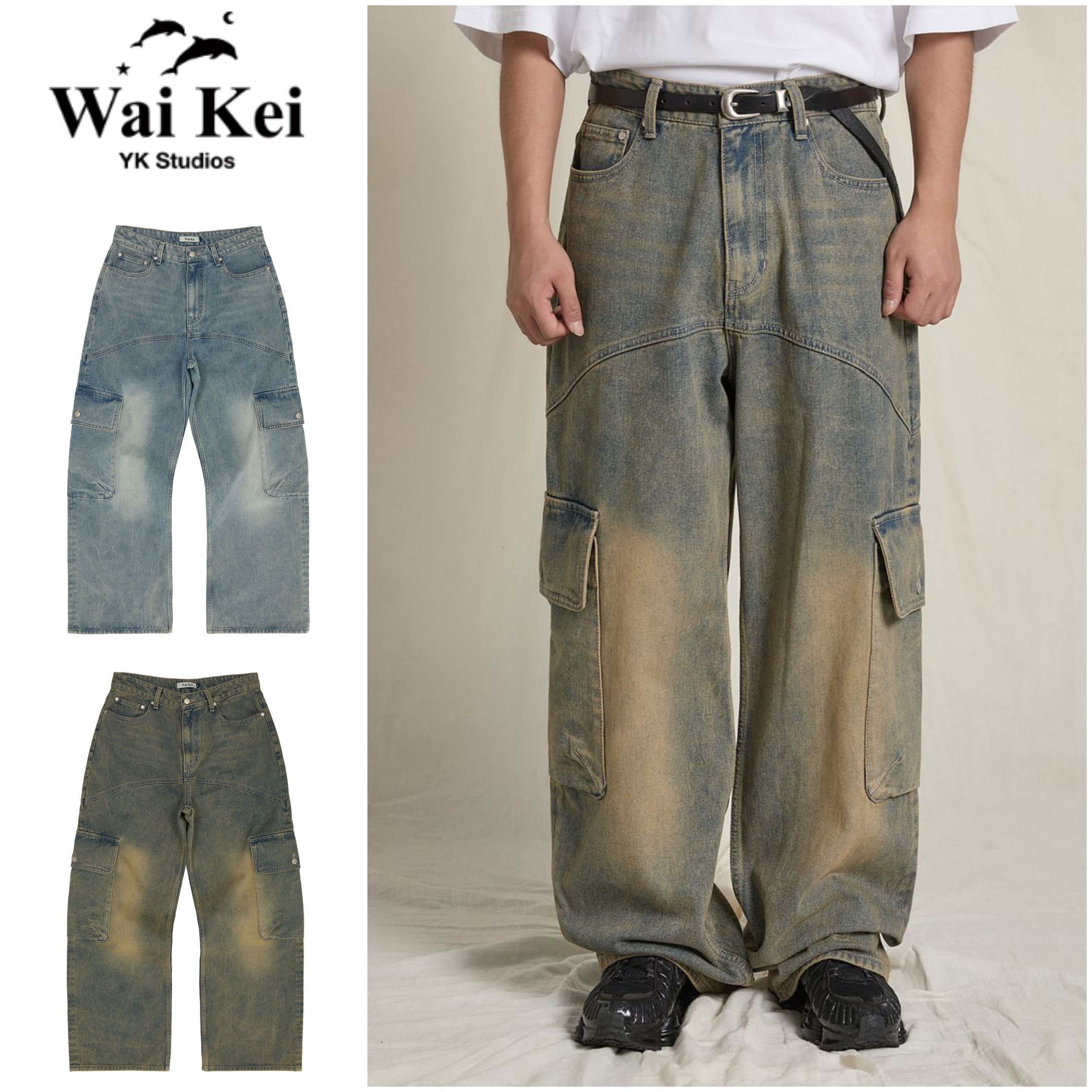 デニム・ジーパン wai kei Yellow Washed Cargo Denim Pants