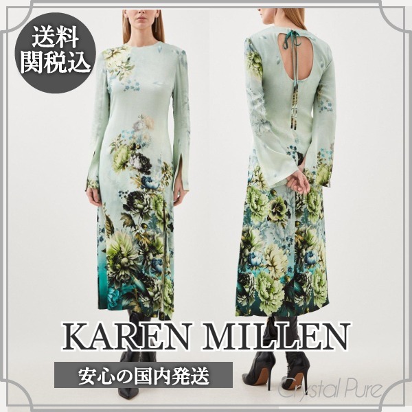 【KAREN MILLEN】花柄 サテン スリット ミディワンピース