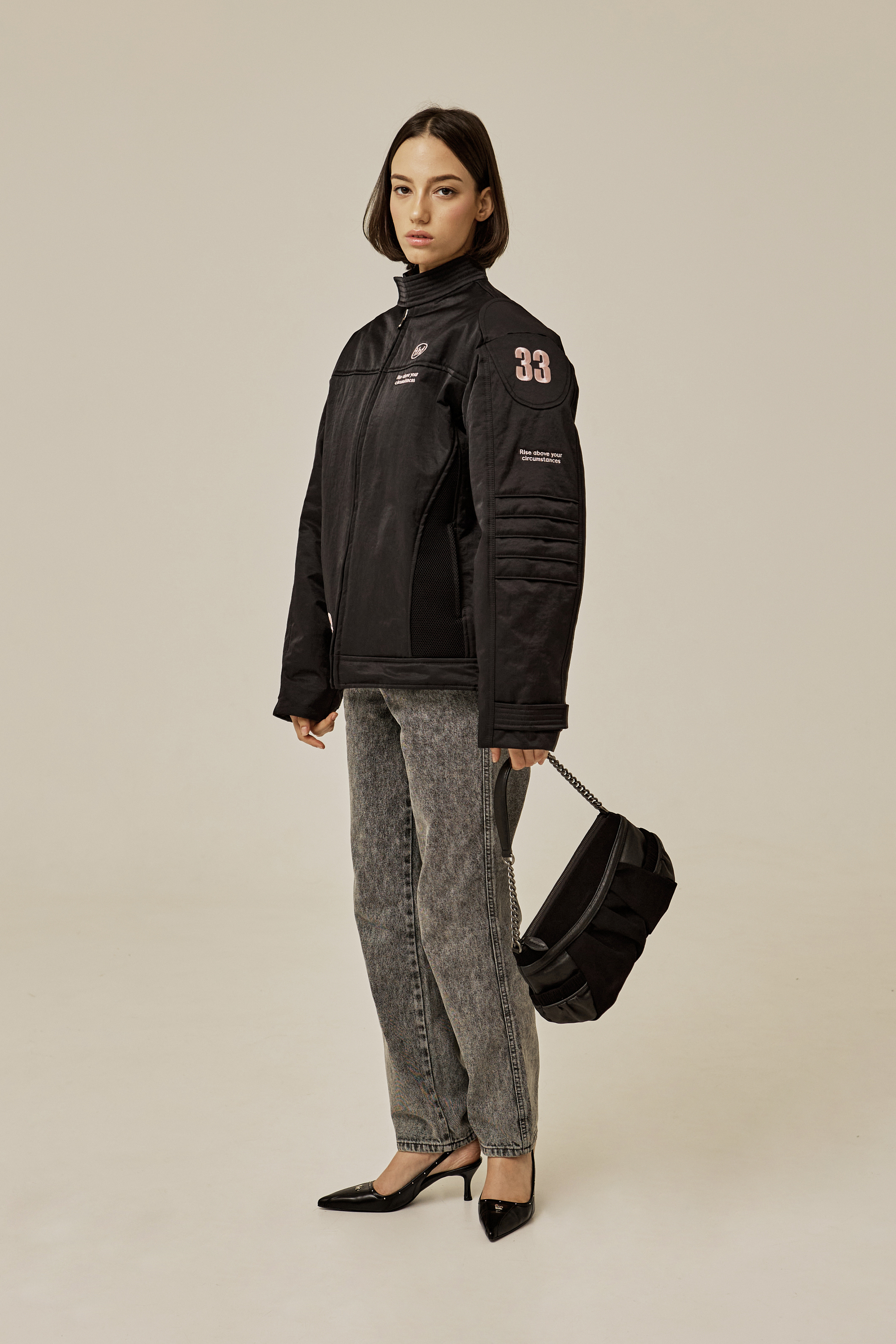[threetimes] Pink letter biker jacket ★Unisex★韓国人気★ 韓国商品/THREE TIMES Pink letter biker jacket (男女共用)