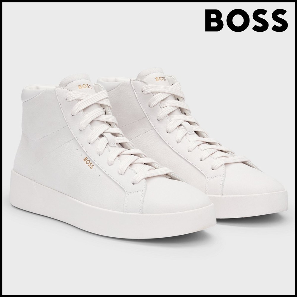 BOSS タンブルレザー ハイトップスニーカー ロゴディテール