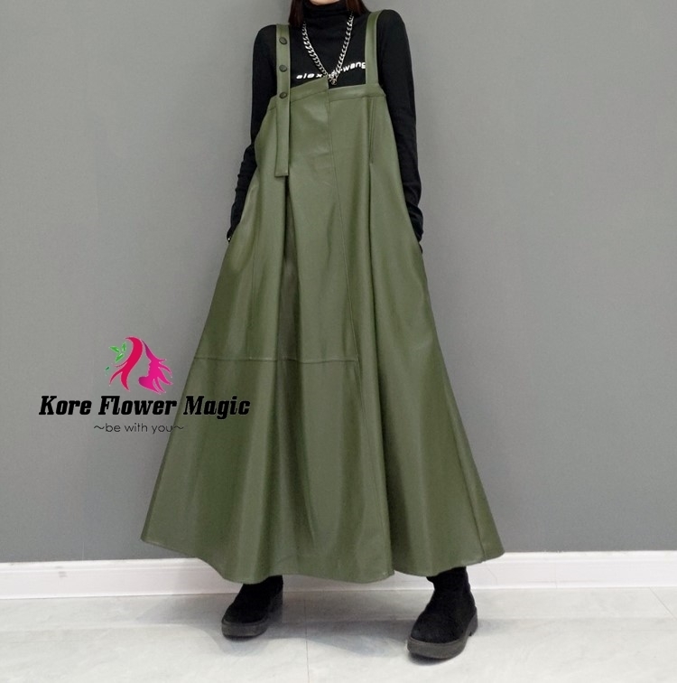 サスペンダースカート Aライン ロング丈 フレア 秋冬 無地