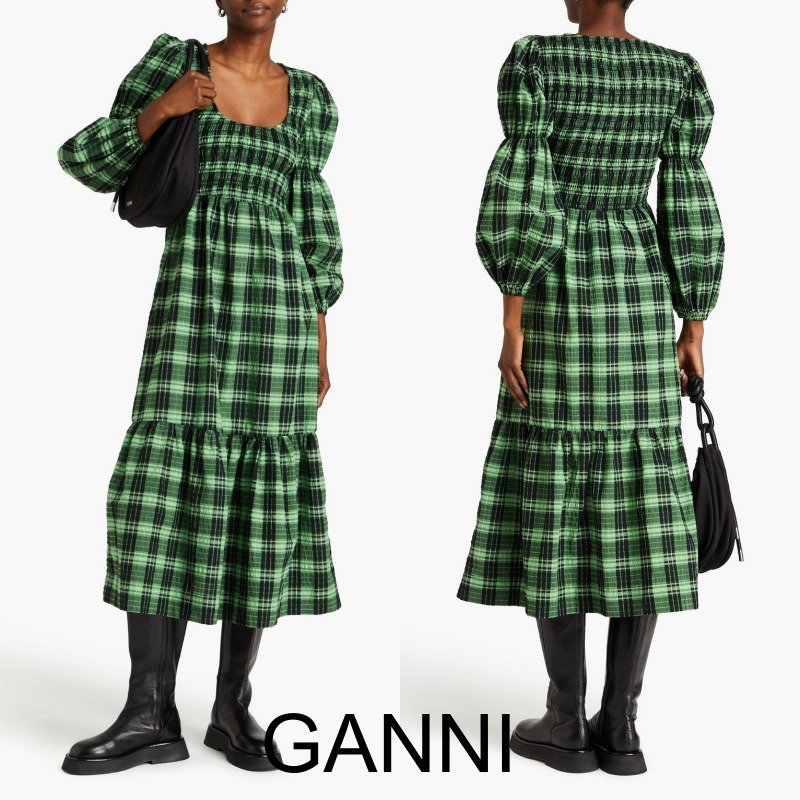 ★GANNI★ コットン混シアサッカー チェックミディワンピース
