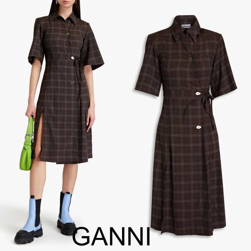 ★GANNI★ 織地 チェックミディワンピース