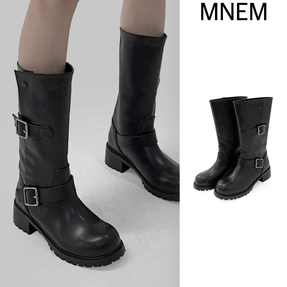 【mnem】1132 Fold Buckle Middle Boots (4 cm)