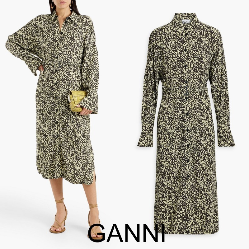 ★GANNI★ クレーププリント ミディシャツワンピース