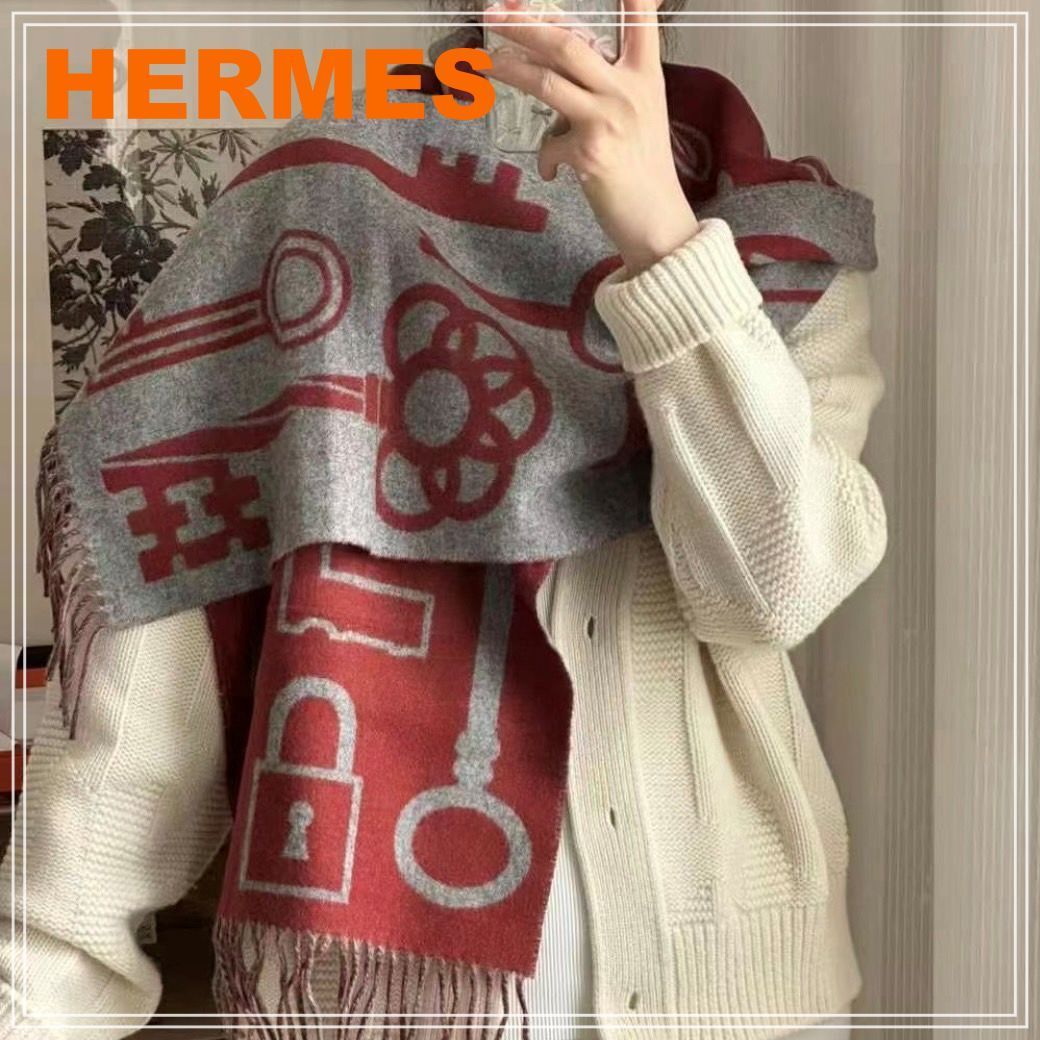 HERMES《鍵モチーフ♪》カシミヤマフラー ルージュH