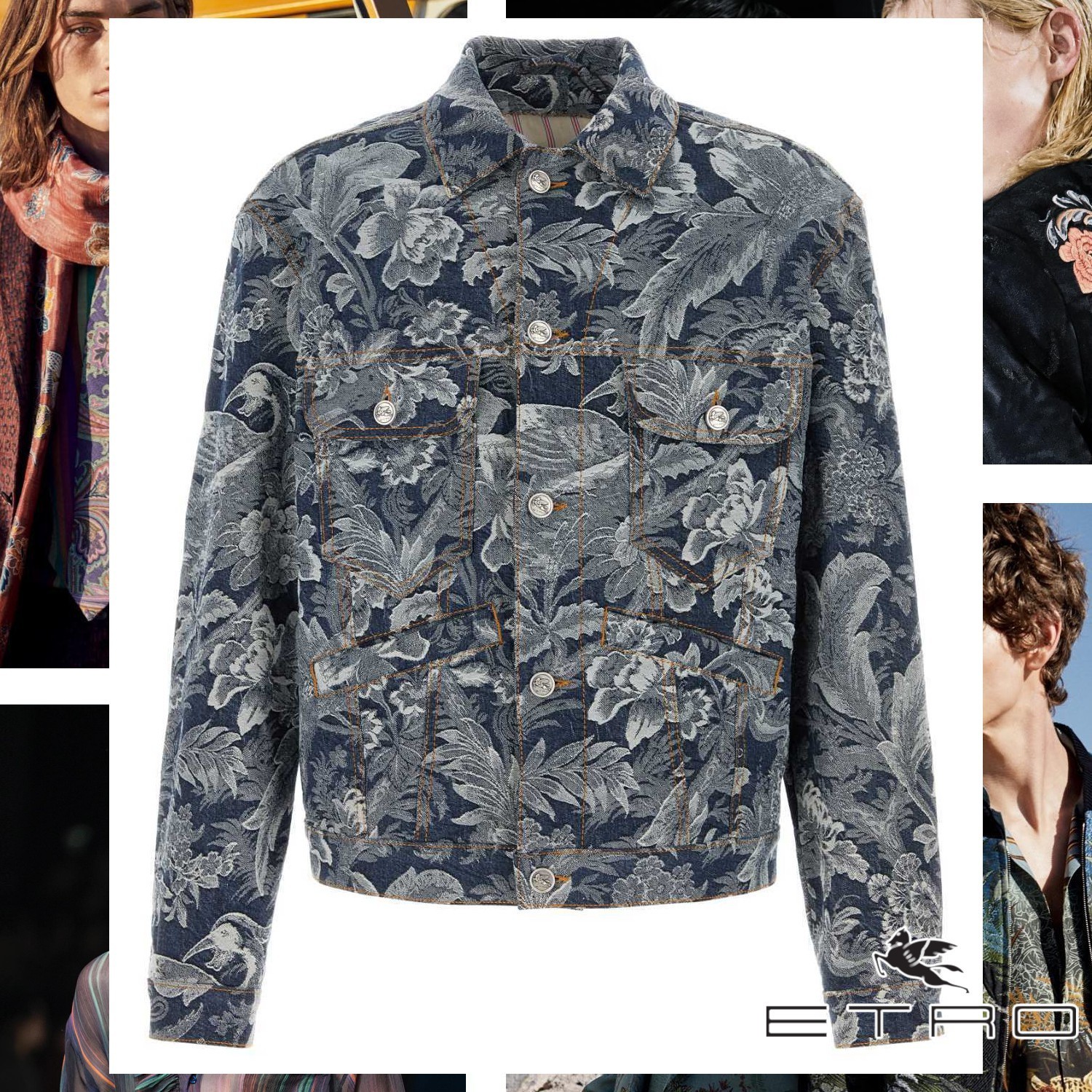 ETRO フローラル ジャカード デニムジャケット ネイビーブルー
