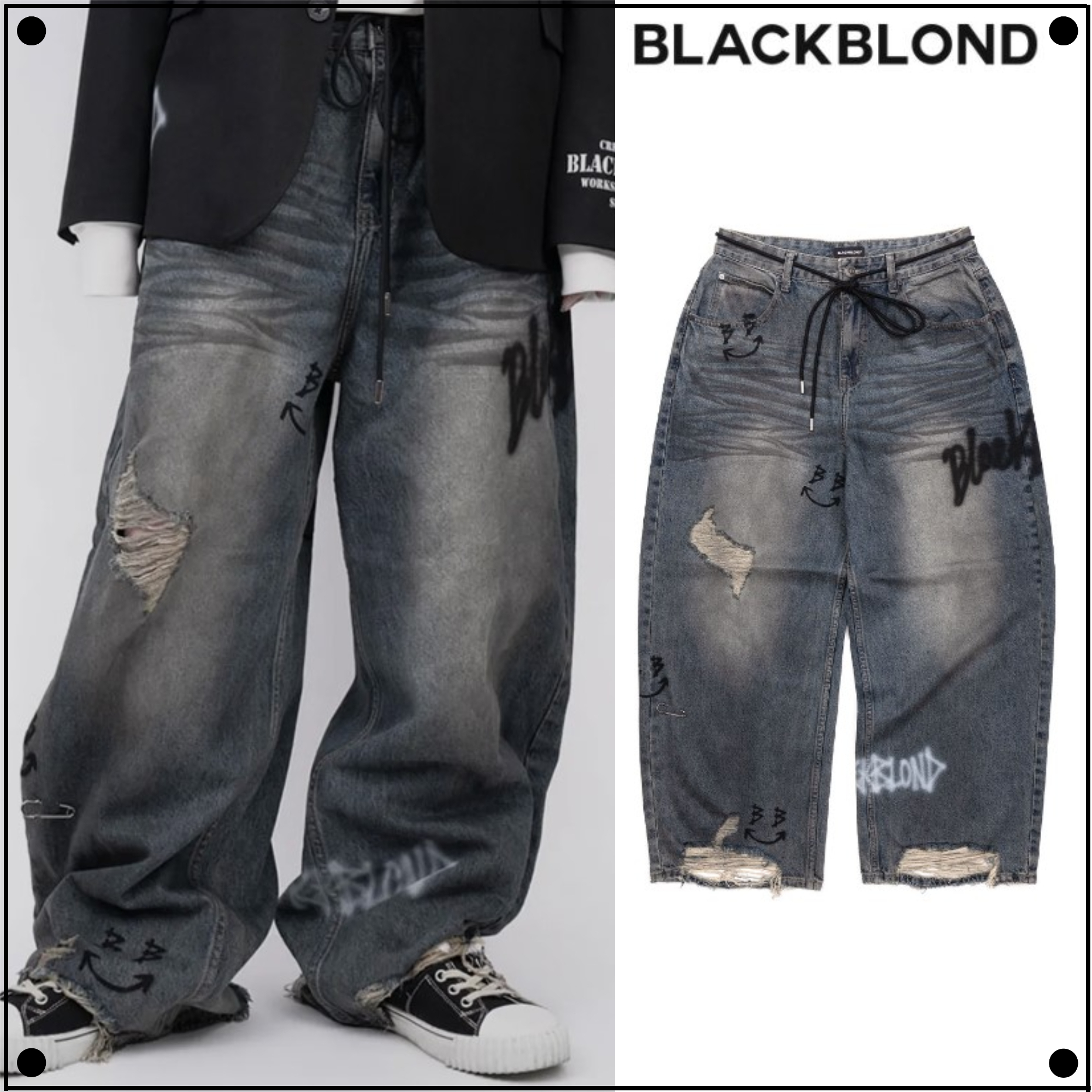 BLACKBLONDのVivid Multiple Smile Graffiti Logo Vintage Denim