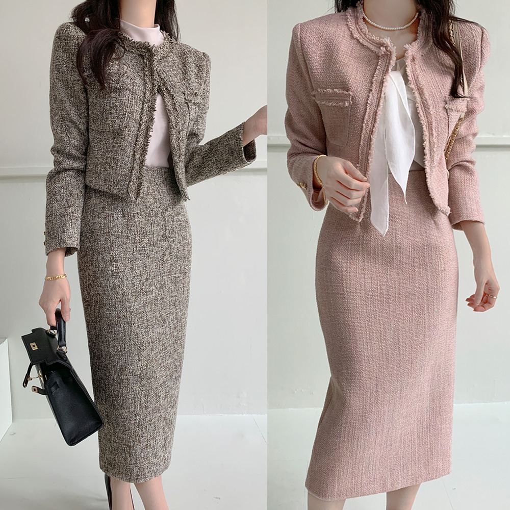 Season Tweed Jacket + H-line Midi Skirt Suit Set (3色)
