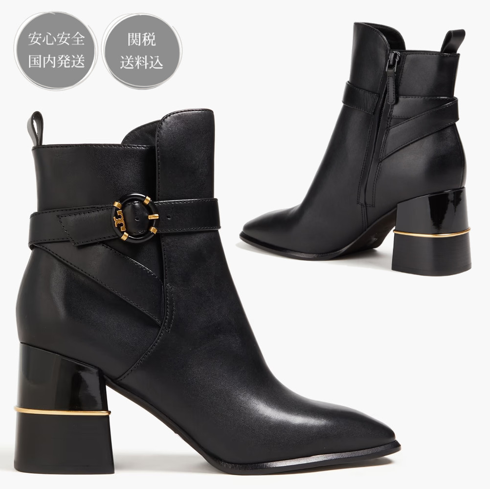 TORY BURCH ロゴ バックル付き レザー ショートブーツ ブラック
