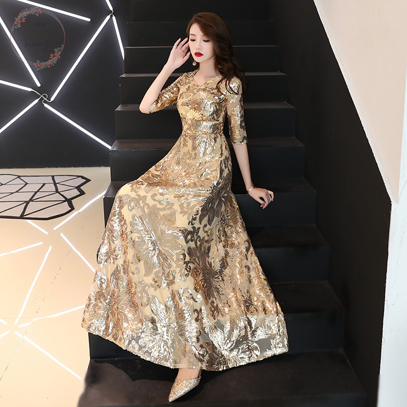 イブニングドレス 花柄 七分袖 ロング丈 S-3XL 3色 韓国 8-364