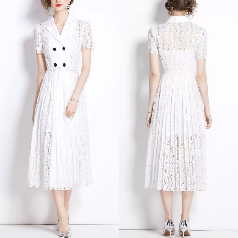 ☆半袖☆レース プリーツ ロング丈 ワンピース パーティ ドレス