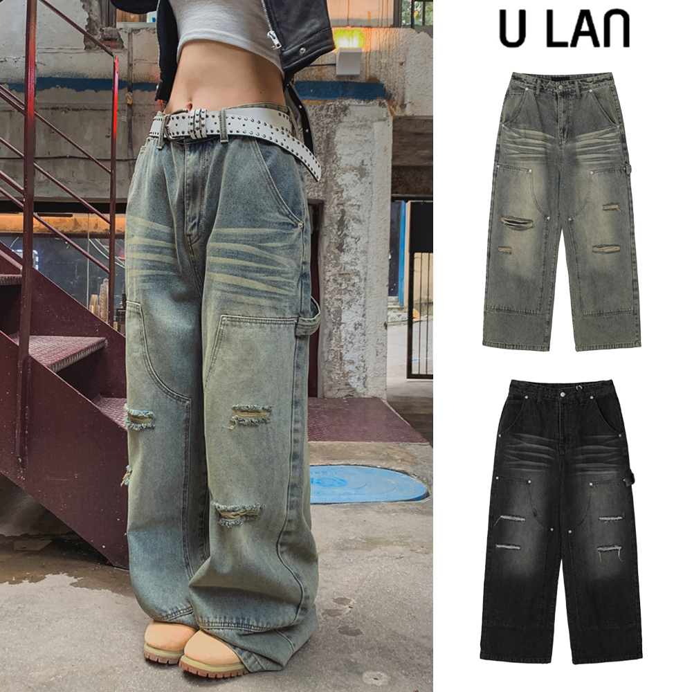 【U LAN】Denti Damage Brush Denim Pants