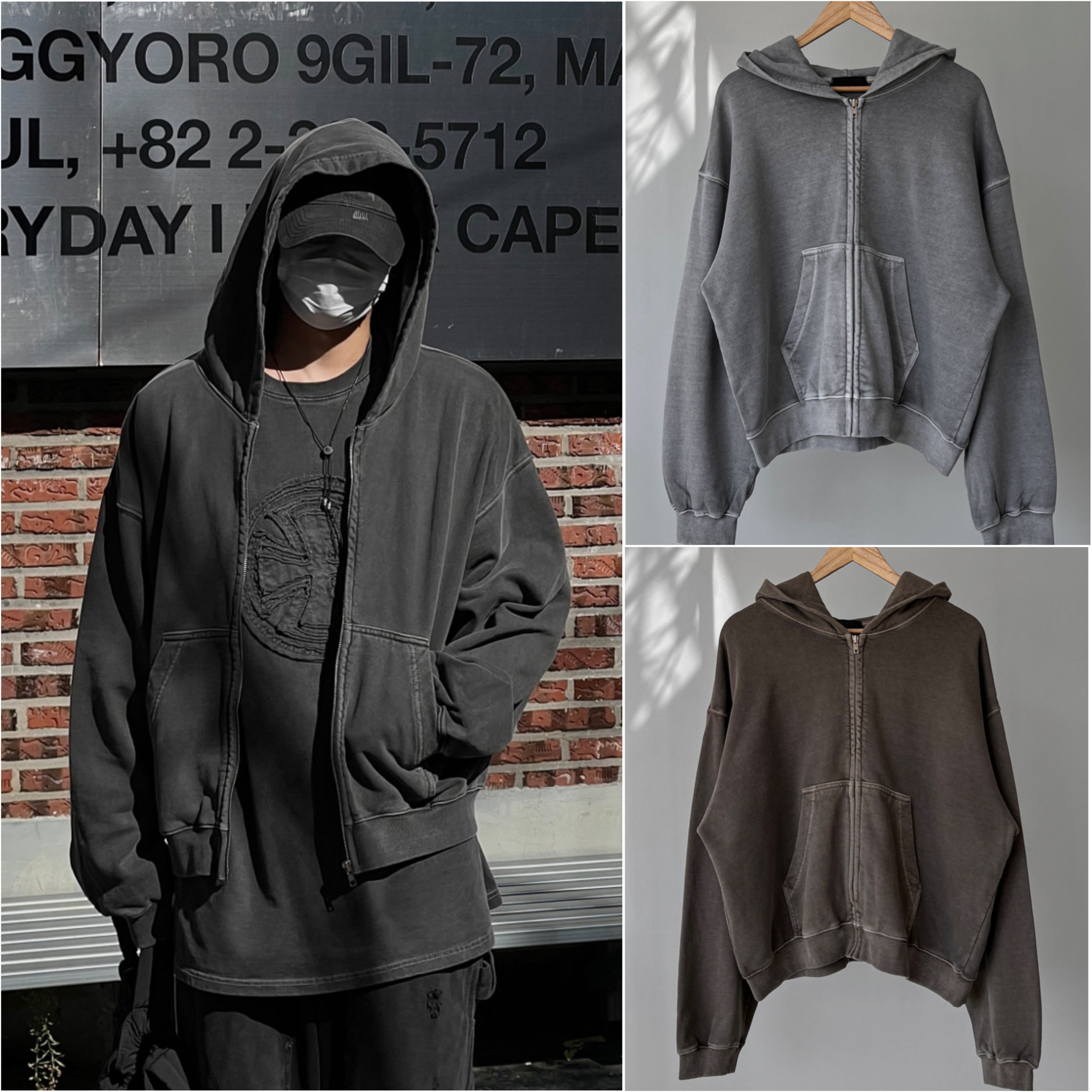 韓国発!【Ayn】Pigment Washing Cropped Hooded Zip-Up