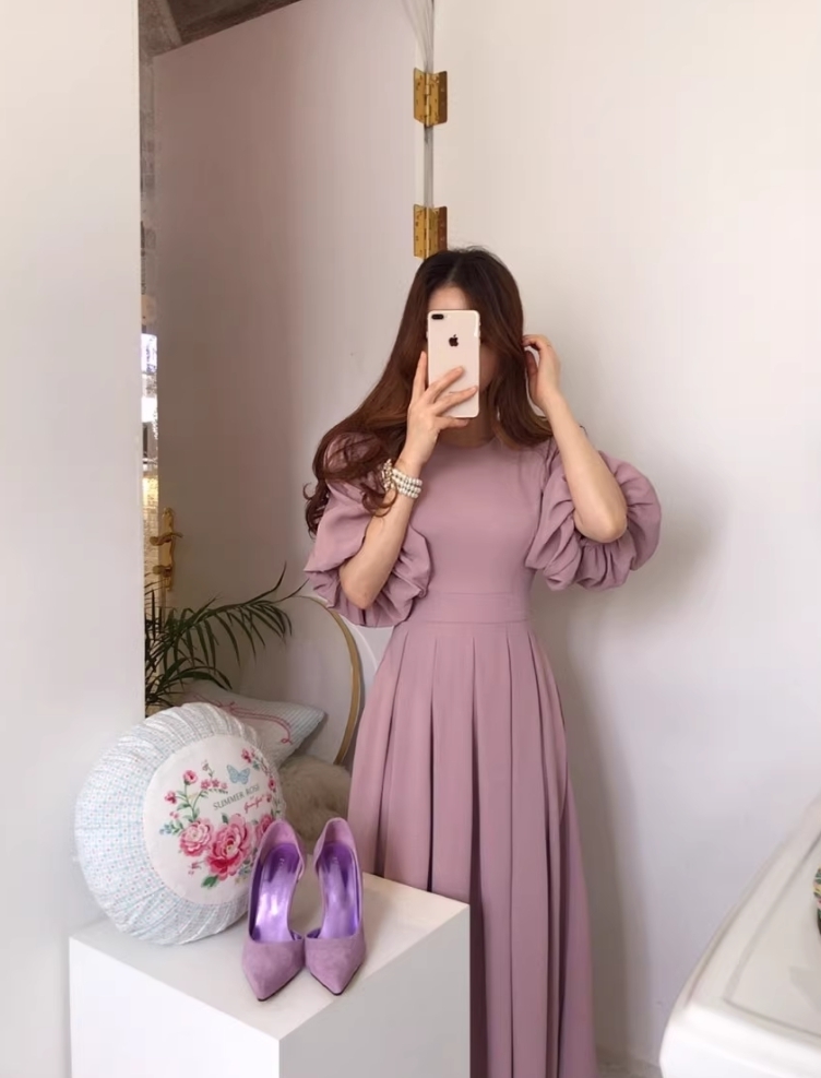 [韓国人気] 結婚式 パフスリーブ ロングワンピース