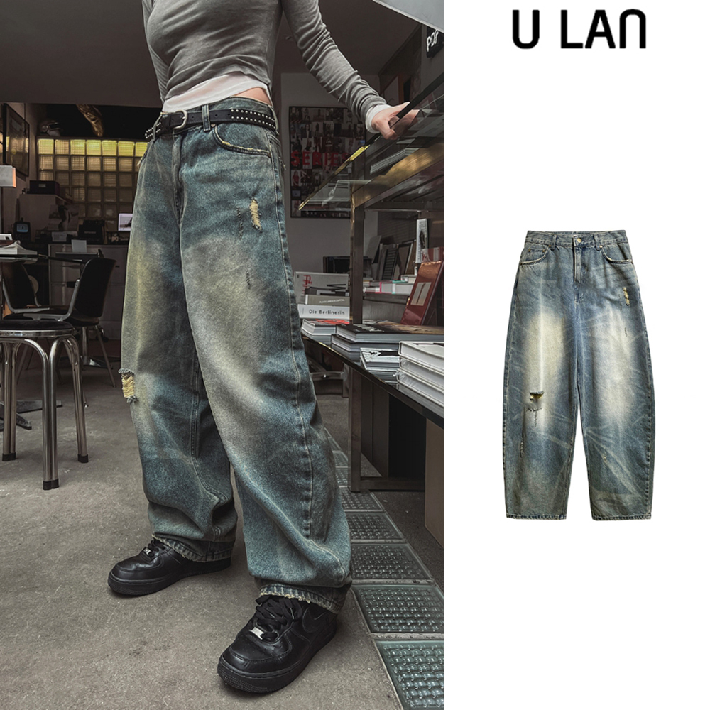 【U LAN】Tinta brush damage balloon denim pants