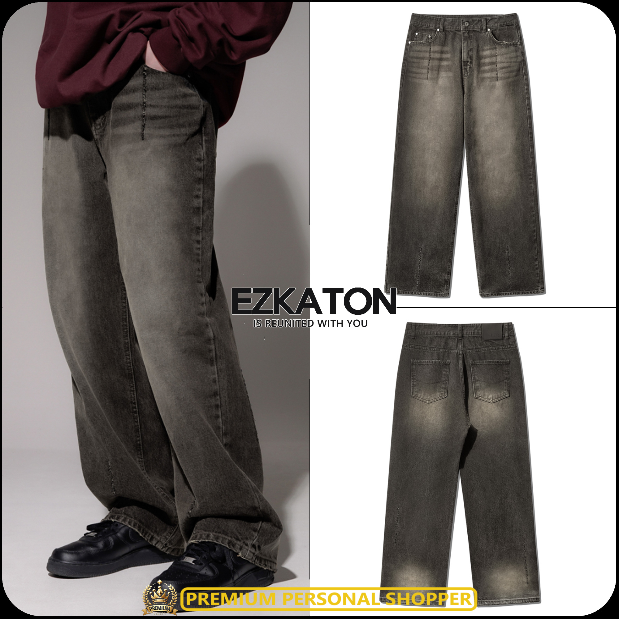 [ EZKATON ]★24FW★韓国人気★GRAY TIN DAMAGE DENIM PANTS